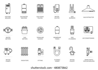 Vector line icon water and gas equipment. Equipment and household appliances for the kitchen, bathroom, heating. Plumbing tool. isolated on white background.