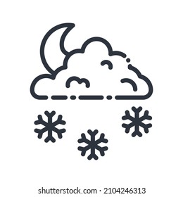 Vector line icon of a weather forecast isolated on transparent background. Cloudy night sky with moon and snowflakes