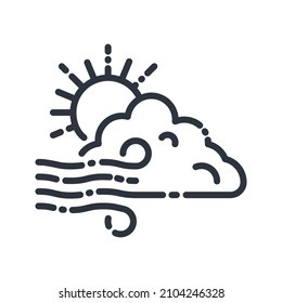 Vector line icon of a weather forecast isolated on transparent background. Cloudy sky with wind and sun