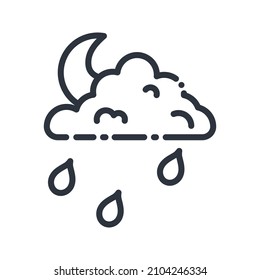 Vector line icon of a weather forecast isolated on transparent background. Cloudy night sky with rain