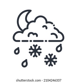 Vector line icon of a weather forecast isolated on transparent background. Cloudy night sky with moon, rain and snowflakes