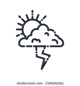 Vector line icon of a weather forecast isolated on transparent background. Cloudy sky with sun and thunder lightning