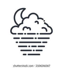 Vektorliniensymbol einer Wettervorhersage einzeln auf transparentem Hintergrund. Wolkenkratzer am Nachthimmel mit Nebel