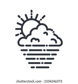 Vector line icon of a weather forecast isolated on transparent background. Cloudy sky with sun, fog