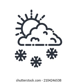 Vector line icon of a weather forecast isolated on transparent background. Cloudy sky with sun and snowflakes