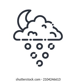 Icono de línea de vector de una previsión meteorológica aislada en fondo transparente. Cielo nublado con luna y granizo