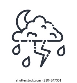 Vector line icon of a weather forecast isolated on transparent background. Cloudy sky with moon and thunderstorm