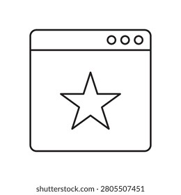 Vector line icon of a web browser window with a large star in the center, representing a favorite or highly rated page.