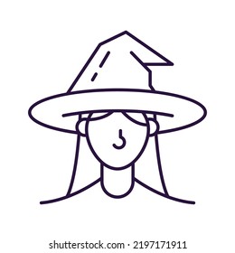 Vector line icon of witch as symbol of Halloween. Outline sign for web sites, apps, adverts, stores. Modern minimalistic monochrome isolated image and editable stroke