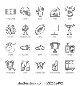 Vector line icons of american football game. Elements - ball, field, player, helmet, bullhorn. Linear signs set, football championship pictogram with editable stroke for sport event, fan store.