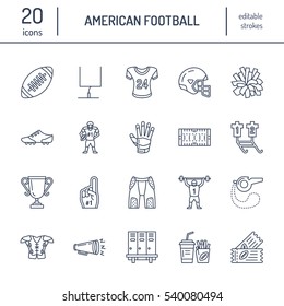 Vector line icons of american football game. Elements - ball, field, player, helmet, bullhorn. Linear signs set, football championship pictogram with editable stroke for sport event, fan store.
