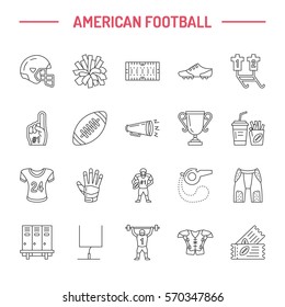Vector line icons of american football game. Elements - ball, field, player, helmet, bullhorn. Linear signs set, football championship pictogram with editable stroke for sport event, fan store.