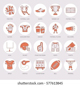 Vector line icons of american football game. Elements - ball, field, player, helmet, bullhorn. Linear signs set, football championship pictogram with editable stroke for sport event, fan store