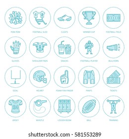 Vector line icons of american football game. Elements - ball, field, player, helmet, bullhorn. Linear signs set, football championship pictogram with editable stroke for sport event, fan store.