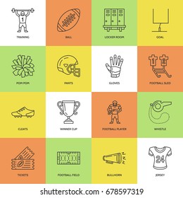 Vector line icons of american football game. Elements - ball, field, player, helmet, bullhorn. Linear signs set, championship pictogram with editable stroke for sport event, fan store.