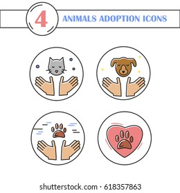 Vector line icons for animal shelter, adoption and social advertising. Simple colored line style icons.