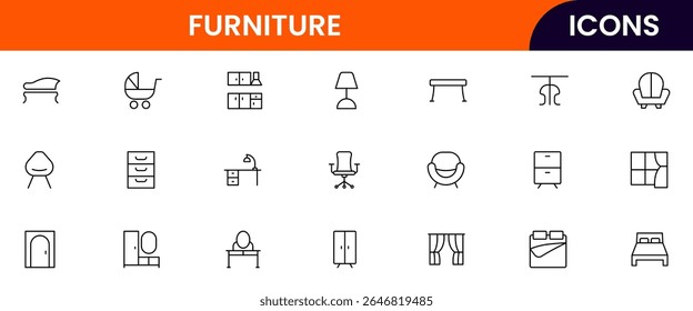 Vector line icons of chairs, tables, sofas, beds, cabinets, home decor, interior design, and furnishings ideal for furniture websites, apps, and catalogs.
