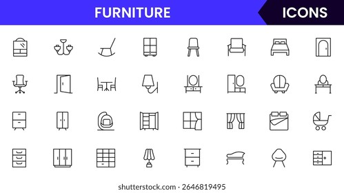 Vector line icons of chairs, tables, sofas, beds, cabinets, home decor, interior design, and furnishings ideal for furniture websites, apps, and catalogs.