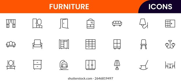 Vector line icons of chairs, tables, sofas, beds, cabinets, home decor, interior design, and furnishings ideal for furniture websites, apps, and catalogs.