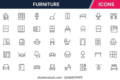 Ícones de linha de vetor de cadeiras, mesas, sofás, camas, armários, decoração de casa, design de interiores e móveis ideais para sites de móveis, aplicativos e catálogos.