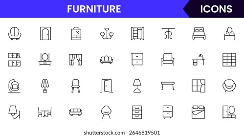 Vector line icons of chairs, tables, sofas, beds, cabinets, home decor, interior design, and furnishings ideal for furniture websites, apps, and catalogs.