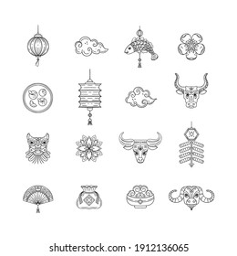 Vector line icons with Chinese lunar calendar symbols isolated on white background. Chinese new year 2021