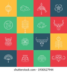 Vector line icons with Chinese lunar calendar symbols isolated on white background. Chinese new year 2021