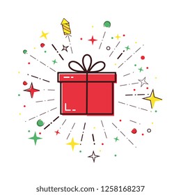 Vector line icons of christmas gift box with a firework. Cute illustration of red gift box, concept for boxing day sale.