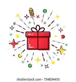 Vector line icons of christmas gift box with a firework. Cute illustration of red gift box, concept for boxing day sale.