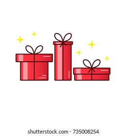 Vector line icons of christmas gift boxes. Cute illustration of red gift boxes, concept for boxing day sale.