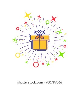 Vector line icons of christmas gift box with a firework.  Gift box illustration.