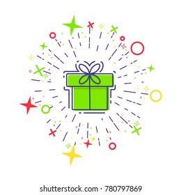Vector line icons of christmas gift box with a firework.  Gift box illustration.