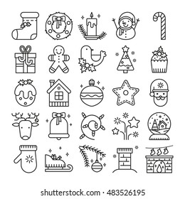 Vector line icons with christmas symbols and objects. Thin line set for web design and application user interface. Useful for holidays infographics.