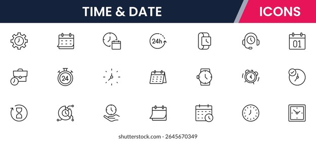 "Iconos de líneas de Vector de relojes, calendarios, temporizadores, horarios, fechas límite, zonas horarias, recordatorios, herramientas de planificación, ideales para App, Sitios web e interfaces".