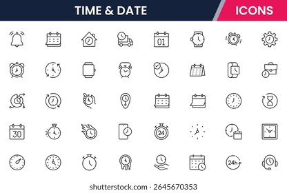 "Iconos de líneas de Vector de relojes, calendarios, temporizadores, horarios, fechas límite, zonas horarias, recordatorios, herramientas de planificación, ideales para App, Sitios web e interfaces".