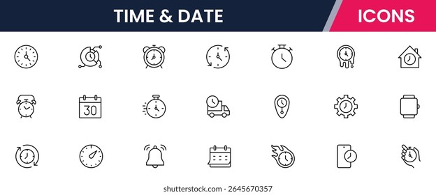 "Vector line icons of clocks, calendars, timers, schedules, deadlines, time zones, reminders, planning tools—ideal for apps, websites, and interfaces."