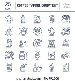 Vector line icons of coffee making equipment. Elements - moka pot, french press, grinder, espresso, vending, plant. Linear restaurant, shop pictogram with editable stroke for menu