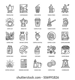 Vector line icons of coffee making equipment. Elements - moka pot, french press, grinder, espresso, vending, coffee tree. Linear restaurant, shop pictogram with editable stroke for menu