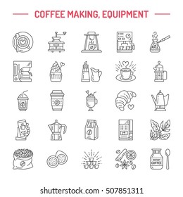 Vector line icons of coffee making equipment. Elements - moka pot, french press, coffee grinder, espresso, vending, plant. Linear restaurant, shop pictogram with editable stroke for menu