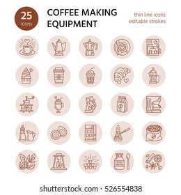 Vector line icons of coffeemaking equipment. Elements - moka pot, french press, coffee grinder, espresso, vending, plant. Linear restaurant, shop pictogram with editable stroke for menu