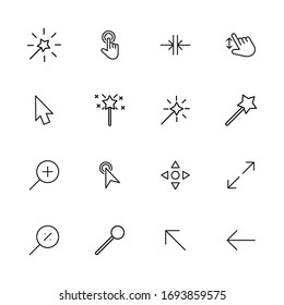Colección de cursores de iconos de línea de vectores. Pictogramas de contorno vectorial aislados en un fondo blanco. Colección de iconos de línea para aplicaciones web y concepto móvil. Símbolos de calidad superior