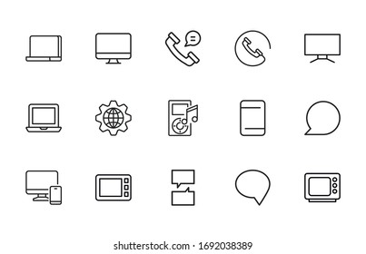 Conjunto de iconos de línea de vectores de medios. Pictogramas de contorno vectorial aislados en un fondo blanco. Colección de iconos de línea para aplicaciones web y concepto móvil. Símbolos de calidad superior