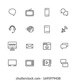 Kollektion von Vektorillustration-Linien-Symbolen für Medien. Vektorillustration umreißt Piktogramme einzeln auf weißem Hintergrund. Kollektion von Line-Icons für Web-Apps und mobiles Konzept. Symbole von hoher Qualität
