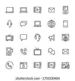 Conjunto de iconos de línea de vectores de medios. Pictogramas de contorno vectorial aislados en un fondo blanco. Colección de iconos de línea para aplicaciones web y concepto móvil. Símbolos de calidad superior