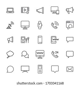 Kollektion von Vektorillustration-Linien-Symbolen für Medien. Vektorillustration umreißt Piktogramme einzeln auf weißem Hintergrund. Kollektion von Line-Icons für Web-Apps und mobiles Konzept. Symbole von hoher Qualität