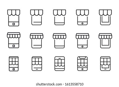 Colección de iconos de línea de vectores de tienda móvil. Pictogramas de contorno vectorial aislados en un fondo blanco. Colección de iconos de línea para aplicaciones web y concepto móvil. Símbolos de calidad superior