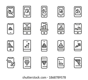 Colección de iconos de línea de vectores de la analítica móvil. Pictogramas de contorno vectorial aislados en un fondo blanco. Colección de iconos de línea para aplicaciones web y concepto móvil. Símbolos de calidad superior
