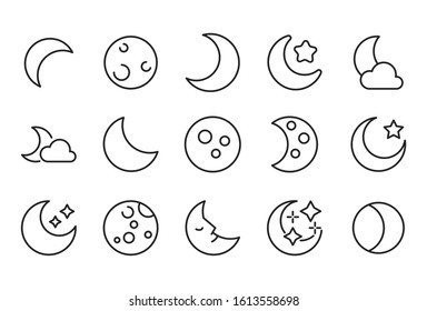 Vector line icons collection of moon. Vector outline pictograms isolated on a white background. Line icons collection for web apps and mobile concept. Premium quality symbols