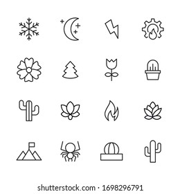 Kollektion von Vektorlinien-Symbolen der Natur. Vektorgrafik-Piktogramme einzeln auf weißem Hintergrund. Kollektion von Line-Icons für Web-Apps und mobiles Konzept. Symbole von hoher Qualität