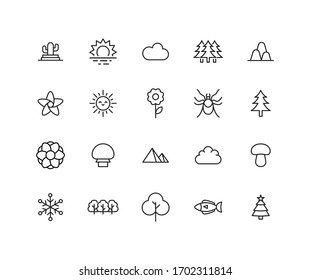 Vektorillustration Linie Symbole Sammlung der Natur. Vektorillustration umreißt Piktogramme einzeln auf weißem Hintergrund. Kollektion von Line-Icons für Web-Apps und mobiles Konzept. Symbole von hoher Qualität